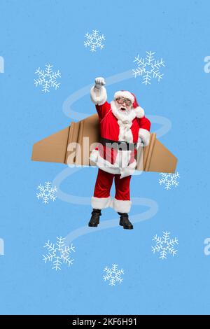 Vertikale Collage Bild von funky Großvater santa claus heben Faust fliegen Luftschiff isoliert auf Zeichnung Schneeflocken Hintergrund Stockfoto