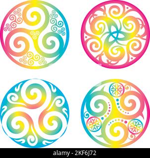 Set keltischer Symbole Keltischer Knoten und Triskelion Kreise Dreifaltigkeit Heilige Geometrie Energie - Regenbogenfarben Stock Vektor