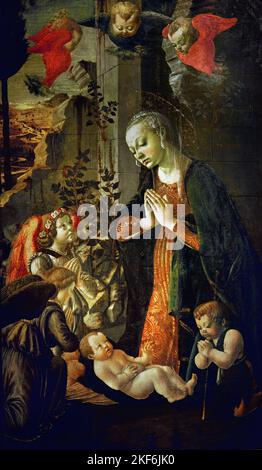 Die Anbetung des Christkindes, 1470-1475 von Francesco di Giovanni Botticini - Francesco Botticini 1446 –1498 Italienische Anbetung der Hirten, Geburt Jesu, Hirten, Zeugen der Geburt, Jesus in Bethlehem, Weihnachten Stockfoto