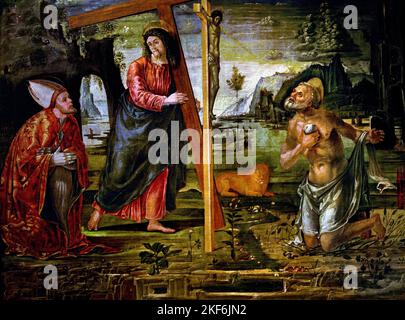 Christus trägt das Kreuz zwischen St. Jerome und St. Augustine - tempera auf Leinwand - Bernardino Parentino, Parentino 1450 - 1496, Italien, Italienisch, Stockfoto