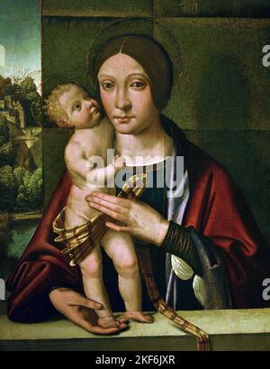 Madonna mit Kind - Jungfrau und Kind 1498 Öl auf Tafel - Domenico Panetti (1460-1530) Italienischer Maler Renaissance, Ferrara, Italien. Stockfoto