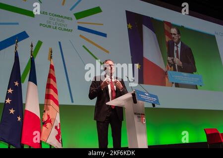 Marseille, Frankreich. 14.. November 2022. Renaud muséler spricht während der Eröffnung des Kongresses Renaud Muséler, Präsident der südlichen Region, organisierte das vierte Treffen der Bürgermeister der Region Provence - Alpes - Cote d'azur in Marseille, das dem ökologischen Wandel gewidmet war. (Foto: Laurent Coust/SOPA Images/Sipa USA) Quelle: SIPA USA/Alamy Live News Stockfoto