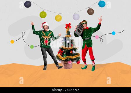 Kreative Collage Bild von zwei aufgeregt cool Jungs tanzen chillige Neujahr Baum festliche Dekoration isoliert auf Zeichnung Hintergrund Stockfoto