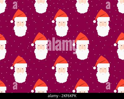 Nahtloses Muster mit dem Gesicht des Weihnachtsmannes im Hut. Frohe Weihnachten und Frohes neues Jahr. Weihnachtsdesign mit fallendem Schnee und Weihnachtsmann für pri Stock Vektor