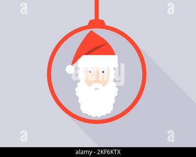Gesicht des Weihnachtsmannes in der Umrisse eines hängenden Weihnachtsballs. Symbol mit langem Schatten in flachem Design. Weihnachtsdesign für Grußkarten, Post Stock Vektor