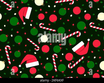 Weihnachtliches nahtloses Muster mit Weihnachtskugeln, Lutschern und Weihnachtsmannmützen. Frohe Weihnachten. Weihnachtsmotiv in grünen und roten Farben für Print, Wrapp Stock Vektor
