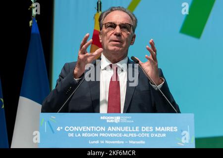 Marseille, Frankreich. 14.. November 2022. Renaud muséler spricht während der Eröffnung des Kongresses Renaud Muséler, Präsident der südlichen Region, organisierte das vierte Treffen der Bürgermeister der Region Provence - Alpes - Cote d'azur in Marseille, das dem ökologischen Wandel gewidmet war. (Bild: © Laurent Coust/SOPA Images via ZUMA Press Wire) Stockfoto