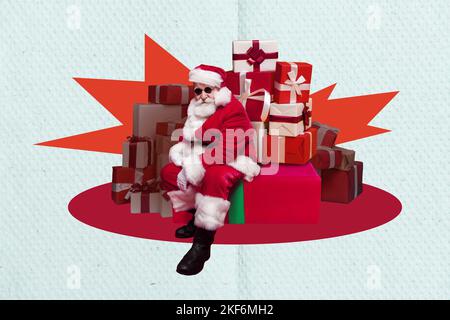 Kreative Foto 3D Collage Kunstwerk Poster Postkarte von ernst brutal witzig funky santa claus sitzen Geschenkladen isoliert auf Malerei Hintergrund Stockfoto