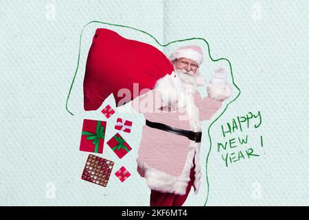 Kreative Foto 3D Collage Kunstwerk Postkarte von lustigen funky santa claus tragen Tasche voller Geschenke auf Malerei Hintergrund isoliert Stockfoto