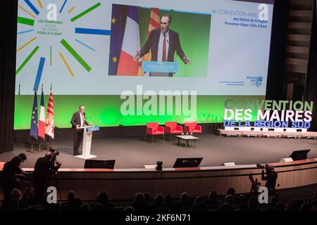 Marseille, Frankreich. 14.. November 2022. Renaud muséler spricht während der Eröffnung des Kongresses Renaud Muséler, Präsident der südlichen Region, organisierte das vierte Treffen der Bürgermeister der Region Provence - Alpes - Cote d'azur in Marseille, das dem ökologischen Wandel gewidmet war. (Bild: © Laurent Coust/SOPA Images via ZUMA Press Wire) Stockfoto