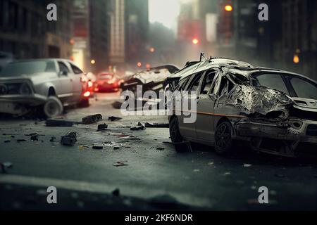 Autos in einem städtischen Gebiet verursachten Schäden und zerstörte Autowracks. Nach Verkehrsunfällen führte das Überrollen von rauchenden Generika-Fahrzeugen zu Unfällen und Stockfoto