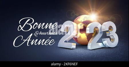 Frohes neues Jahr 2023 Gruß in französischer Sprache und silbrigen Datumsnummern mit einer goldenen Erdkugel, die auf einem schwarzen Hintergrund leuchtet - 3D Illustration Stockfoto