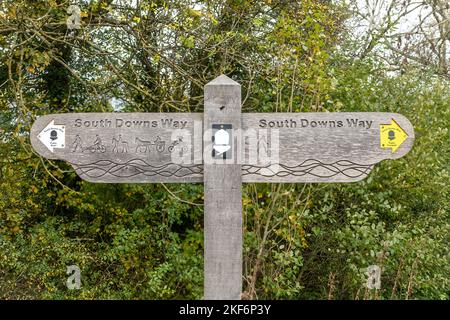 Fingerpost-Schild für den Fernwanderweg South Downs Way im South Downs National Park in der Nähe von Exton, Hampshire, England, Großbritannien Stockfoto