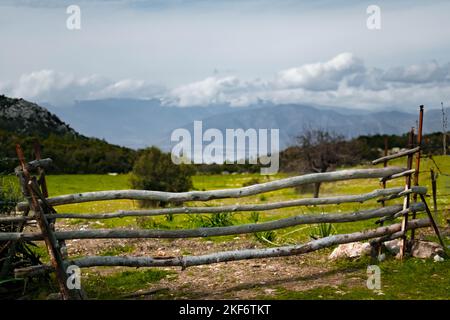 Ein geteilter Eisenbahnzaun entlang eines ländlichen Feldes. Stockfoto