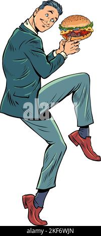 Geschäftsmann in einer lustigen Pose. whopper Burger in den Händen, Street Food Stock Vektor