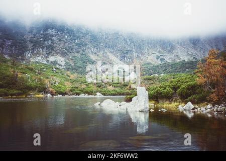 Bergsee an einem nebligen Herbsttag, Farbtonung angewendet. Stockfoto