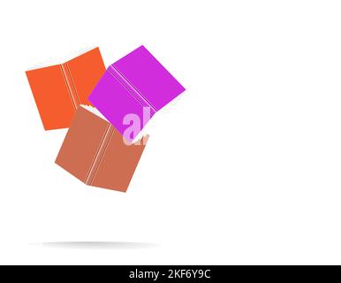 Drei fallende Bücher vor weißem Hintergrund, 3D Illustration Stockfoto