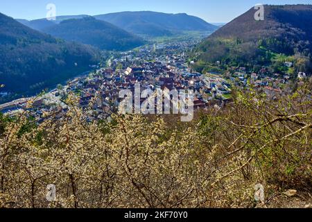 Blick von der Michaelskapelle über die Stadt Bad Urach, Schwäbische Alb, Baden-Württemberg, Deutschland. Stockfoto