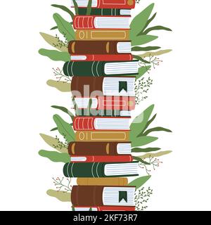 Retro Buch Stapel von Hand gezeichnet nahtlose Muster Vektor Illustration. Bunte Stapel von Büchern mit Blättern und Blumen. Hintergrund für Bildung und Lernen. Wa Stock Vektor