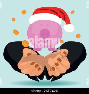 Das neue Jahr steht bevor. Flache Zeichnung der männlichen Hand, die Münze in ein Sparschwein zu geben, um Finanzen zu verwalten, spart Geld, gibt Einnahmen mit dem Familienbudget des Wirtschaftsplans aus. Vektorgrafik Stock Vektor