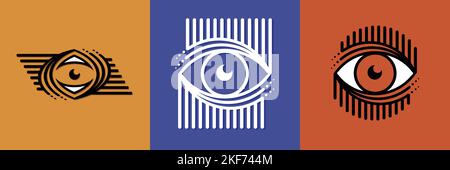 Sammlung von Augen Umriss Symbolvektor. Darstellung im minimalistischen geometrischen Linienstil. Open-Eye-Symbol-Konzept der Sicherheitsfirma, Überwachung, Suche Stock Vektor