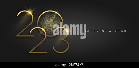 Frohes neues Jahr 2023 Gold Luxus Grußkarte Design Vektor Illustration. Kalender Datum Nummer Zeichen mit goldenem Glitzerstaub auf schwarzem Hintergrund. Stock Vektor