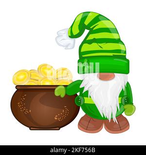 Patrick Gnome mit einem Topf aus Gold. St. Patricks Day Konzept. Keltischer Elf und glückliches Geld. Glücklicher irischer Kobold mit Schatz. Element für irische Feiertage. Stock Vektor