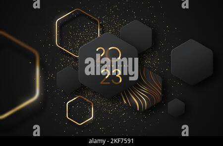 Frohes neues Jahr 2023 moderne Luxus-Grußkarte Vektor-Illustration. Futuristisches 3D geometrisches Formdesign mit goldenem Glitzer und goldenen abstrakten Formen Stock Vektor