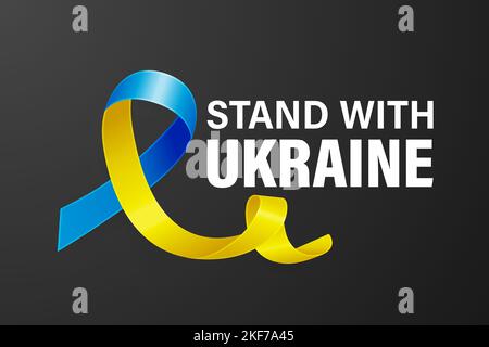 Stehe mit der Ukraine. Anti war Call mit dem Smbol des Friedens mit blauem und gelbem Seidenband. Farben Der Ukrainischen Flagge. Kampf, Protest, Unterstützung Der Ukraine Stock Vektor
