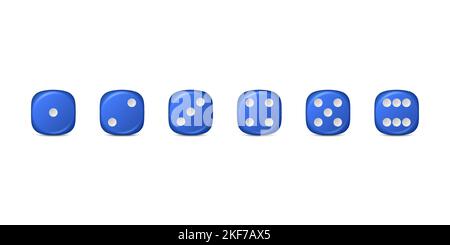 Vektor 3D realistische blaue Spiel Würfel Symbol Einstellung Nahaufnahme isoliert. Spielwürfel zum Spielen, Casino Würfel von einem bis sechs Punkten, Runde Kanten Stock Vektor