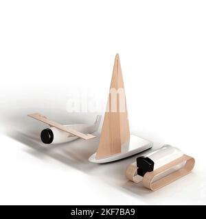 Ein Design aus dem Jahr 3D aus einem handgefertigten Flugzeug, Segelboot und Bulldozer, isoliert auf weißem Hintergrund in einem minimalistischen Stil Stockfoto