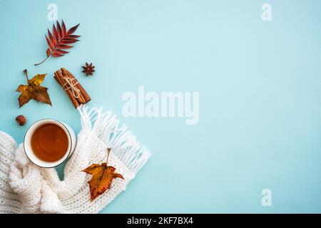 Strickschal, Becher heißen Tees und Herbstblätter Stockfoto