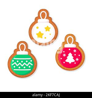 Kugelförmige Weihnachts-Lebkuchenkekse mit farbenfroher Verzierung. Vektorgrafik Stock Vektor