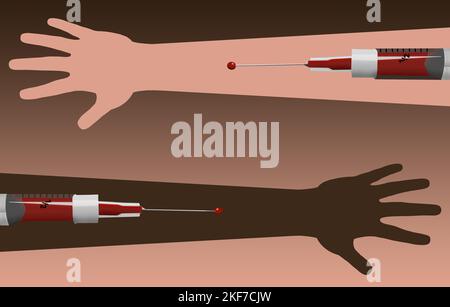 Blutspenden und Transfusionen sind hier mit Spritzen, Blut und zwei Armen dargestellt. Dies ist eine 3-d-Abbildung. Stockfoto