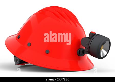 Roter Schutzhelm oder harte Kappe mit Taschenlampe isoliert auf weißem Hintergrund. 3D Darstellung und Darstellung von Kopfbedeckungen und Handyman-Werkzeugen Stockfoto