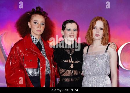 Erin Kellyman, Ruby Cruz und Ellie Bamber bei der Vorführung der Disney+-Serie Willow im Curzon Soho, London. Bilddatum: Mittwoch, 16. November 2022. Stockfoto