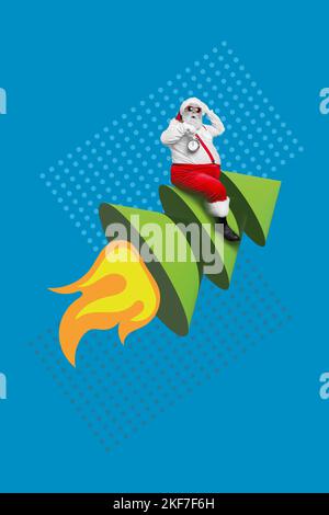Kreative Foto 3D Collage Kunstwerk Poster Postkarte Karte von lustigen weihnachtsmann Eile liefern Geschenke isoliert auf Malerei Hintergrund Stockfoto