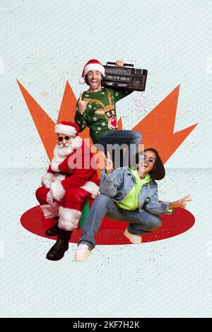Kreative Foto 3D Collage Kunstwerk Poster Postkarte von positiven jungen Menschen santa genießen Urlaub Anlass isoliert auf Malerei Hintergrund Stockfoto