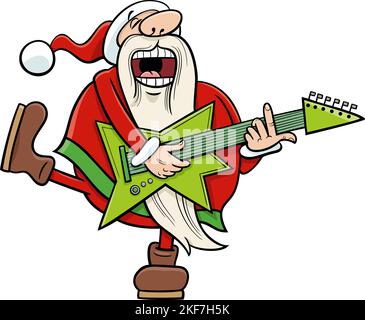 Cartoon-Illustration des Weihnachtsmanns, der E-Gitarre spielt und in der Weihnachtszeit singt Stock Vektor