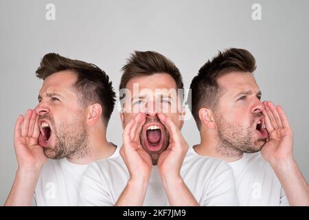 Gut aussehender glücklicher Mann, der laut schreit, isoliert auf grauem Hintergrund Stockfoto