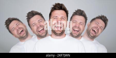 Ein junger Verrückter, der laut über einen witzigen Witz lacht, sich glücklich fühlt Stockfoto