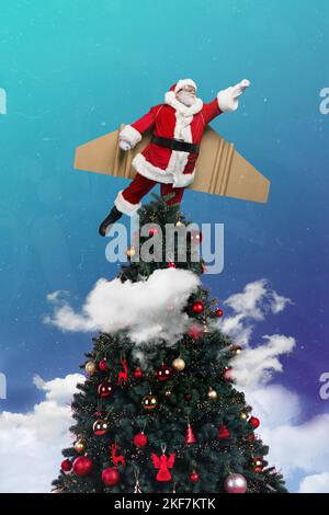 Kreative Foto 3D Collage Kunstwerk Poster Postkarte von lustigen funky santa schnelle Express Lieferung präsentieren vor isoliert auf Malerei Hintergrund Stockfoto
