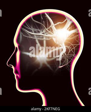 Abschnitt eines Gehirns im Profil gesehen. Degenerative Erkrankungen, Parkinson, Synapsen, Neuronen, Alzheimer. Silhouette eines Mannes Gesicht auf schwarzem Hintergrund Stockfoto