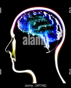 Abschnitt eines Gehirns im Profil gesehen. Degenerative Erkrankungen, Parkinson, Synapsen, Neuronen, Alzheimer. Silhouette eines Mannes Gesicht auf schwarzem Hintergrund Stockfoto