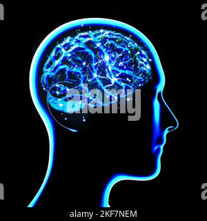 Abschnitt eines Gehirns im Profil gesehen. Degenerative Erkrankungen, Parkinson, Synapsen, Neuronen, Alzheimer. Silhouette eines Mannes Gesicht auf schwarzem Hintergrund Stockfoto