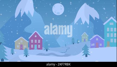 Dies ist ein digitales Bild einer Winterszene mit herabfallenden Schneeflocken und Häusern im Hintergrund Stockfoto