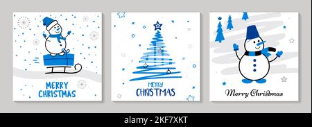 Set-Karte Frohe Weihnachten, von Hand gezeichnet. Blaue und schwarze Weihnachtsbäume, Schneemann, Stock Vektor