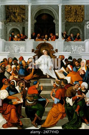 Ludovico Mazzolino; die zwölfjährige Jesus-Lehre im Tempel; 1892; Öl auf Pappelholz; Gemaldegalerie Alte Meister, Dresden, Deutschland. Stockfoto