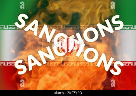 Defokussierung des Iran-Sanktionskonzepts. Iranische Flagge, Konzept zum Thema Sanktionen im Iran. Wörter. Feuer, Hölle und Flamme. Nicht fokussiert Stockfoto