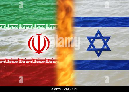 Unschärfen Sie die Nationalflaggen des Iran Israel. Nachrichten, Meldung, Business background. Israel gegen Iran. Die Schlacht zweier Länder am Himmel. Nicht fokussiert Stockfoto